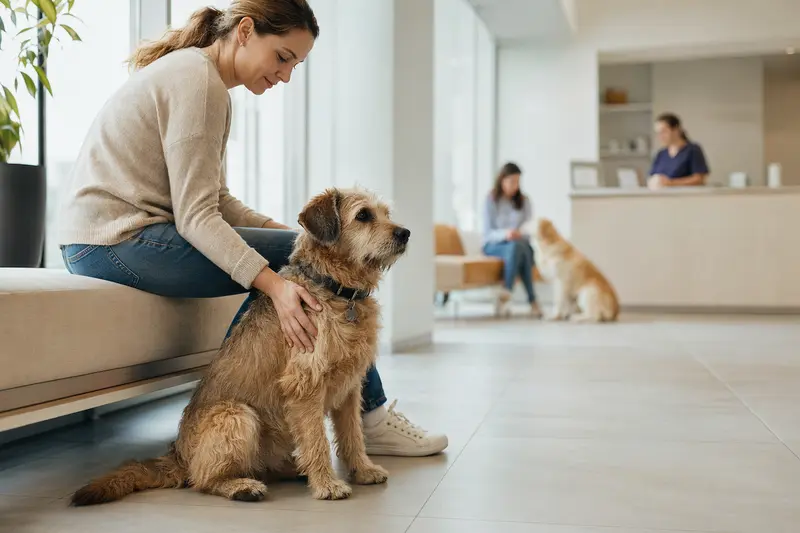 Ein Norfolk Spaniel sitzt ruhig neben seinem Besitzer im hellen Wartezimmer einer modernen Tierarztpraxis.
